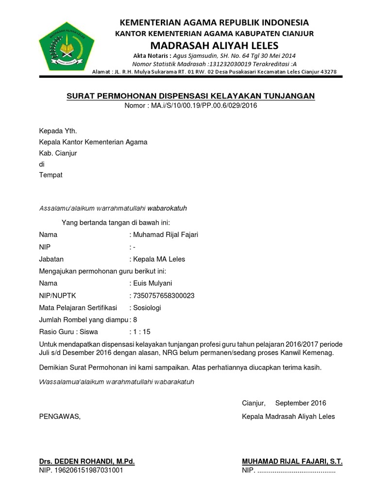 Format Surat Dispensasi Rasio Siswa