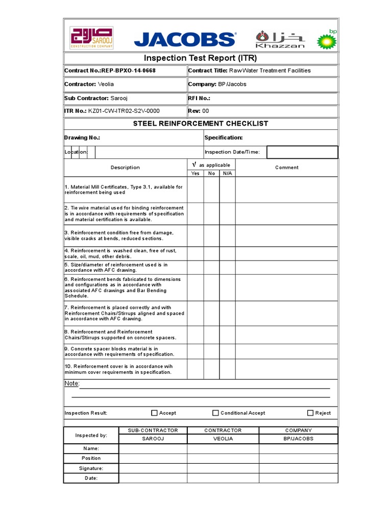 Inspection Test Report (ITR) Steel Reinforcement Checklist PDF