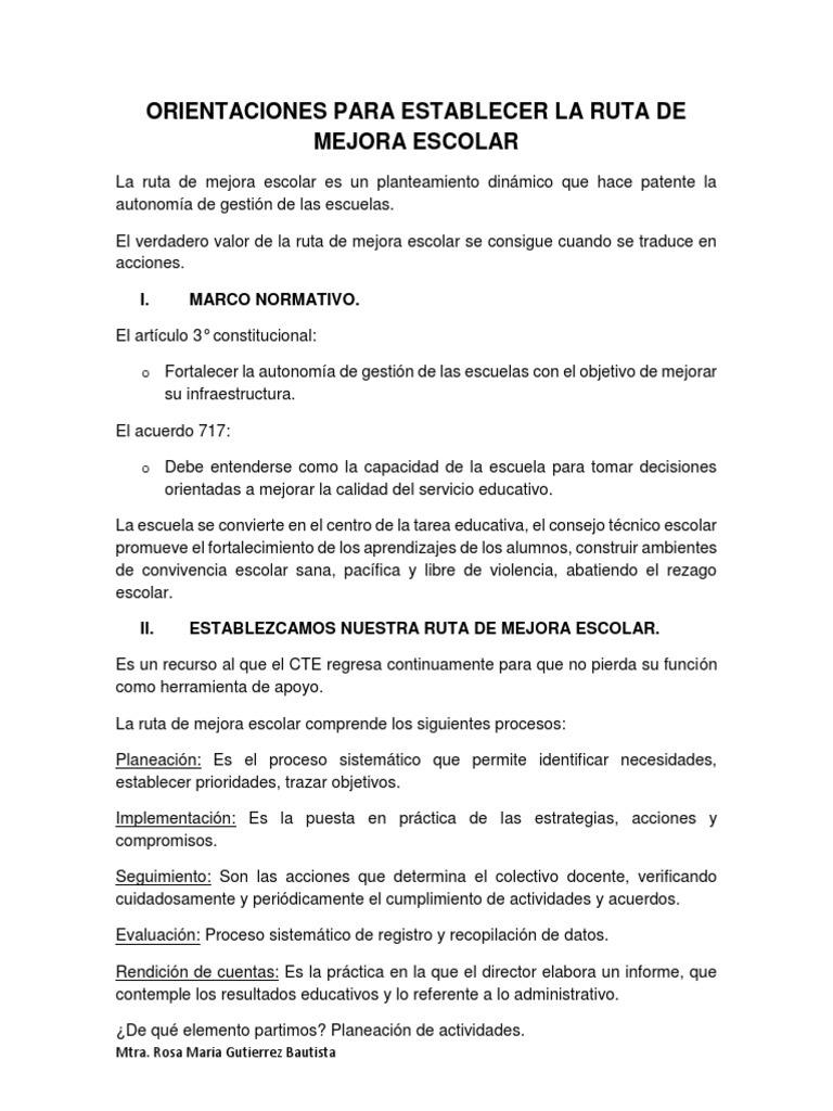 Resumen ORIENTACIONES PARA ESTABLECER LA RUTA DE MEJORA