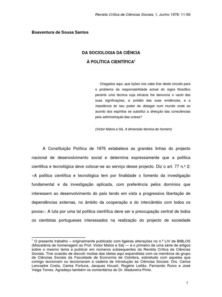 Da Sociologia Da Ciência À Política Científica | PDF | Sociologia | Science