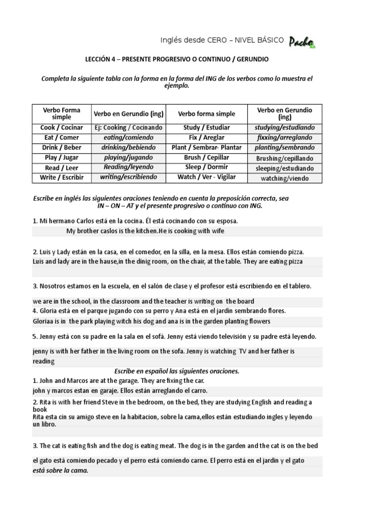 Lección 4 - Presente Progresivo o Continuo - Gerundio | PDF | Gramática ...