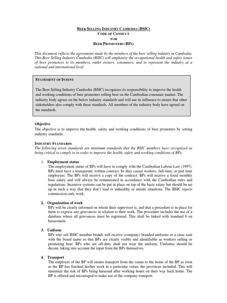 Cambodia Beer Promoters Code of Conduct | PDF | Occupational Safety And ...