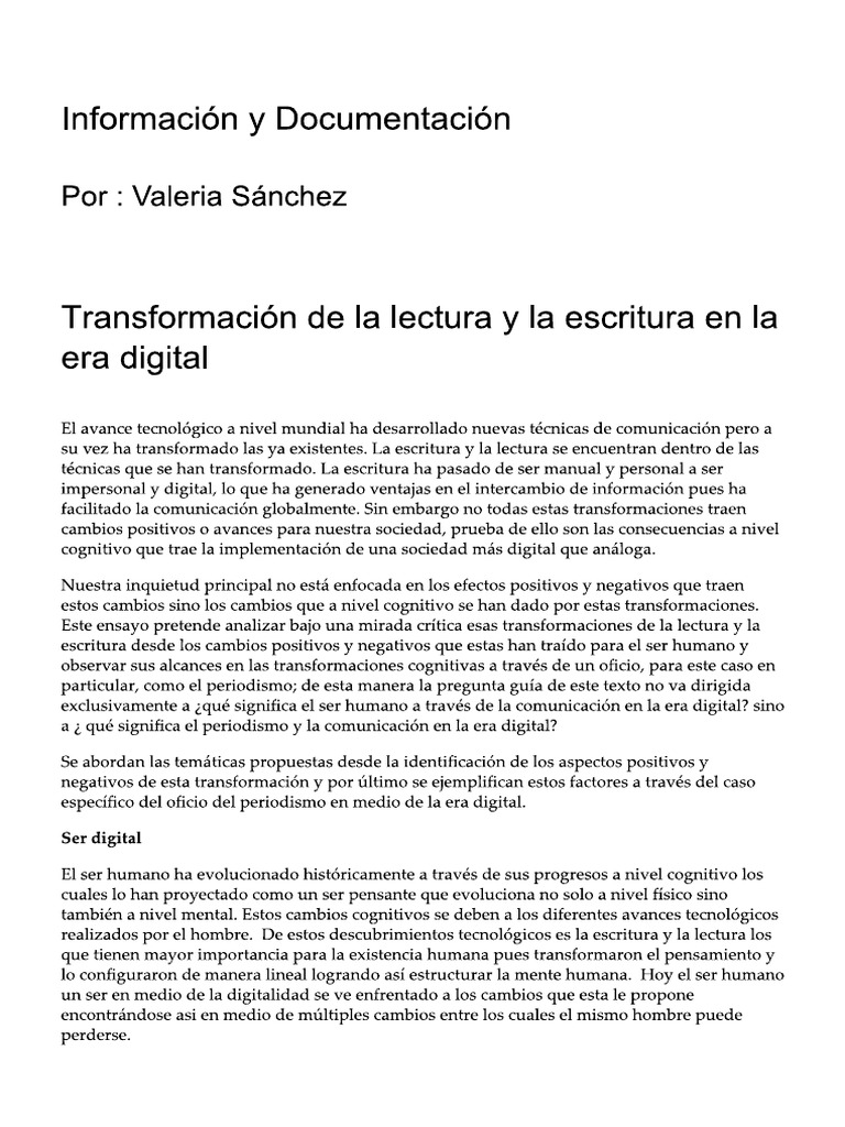 Transformacion de La Escritura y Lectura en La Era Digital | PDF