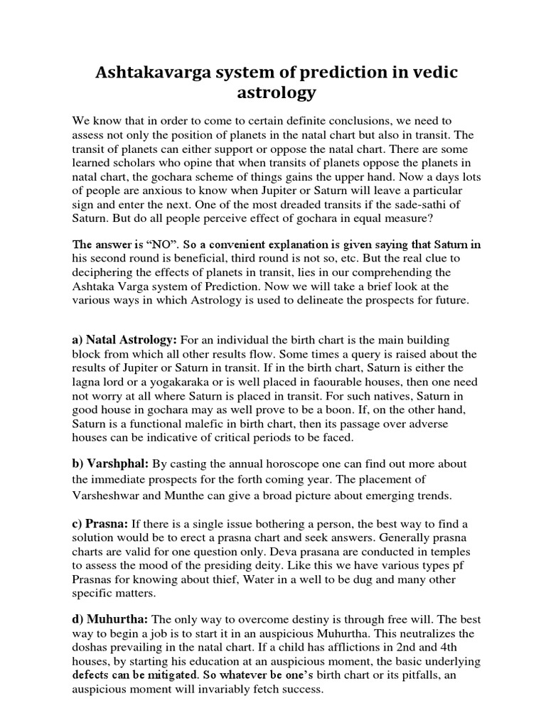 Ashtakavarga System of Prediction in Vedic Astrology Download Free