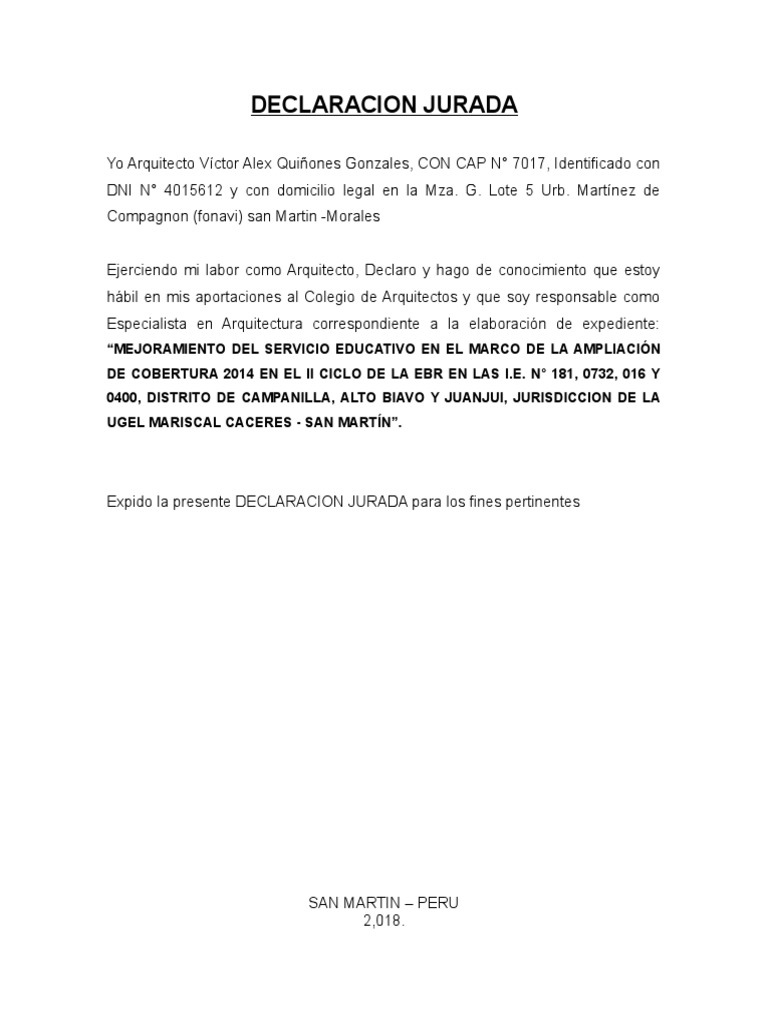 Declaracion Jurada MODELO | PDF | Ingeniería | Educación avanzada