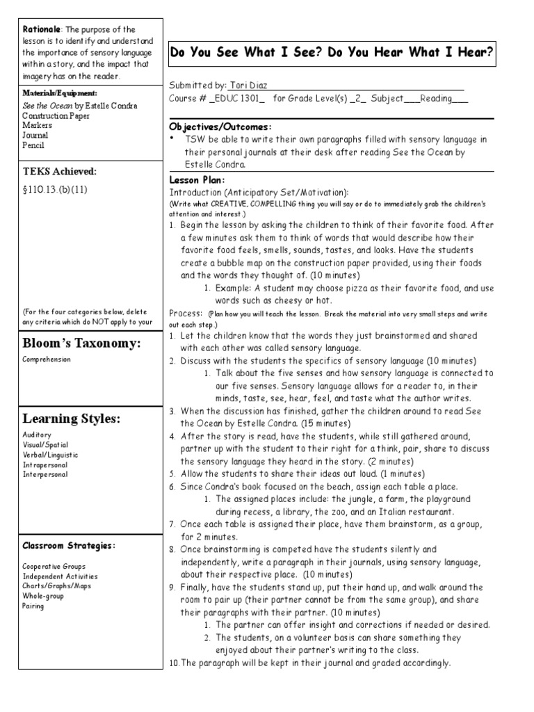 Sensory Language for 2nd Graders | PDF | Lesson Plan | Reading ...