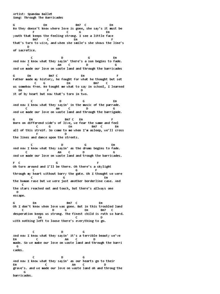 Through The Barricades Chords by Spandau Ballet Tabs at Ultimate Guitar