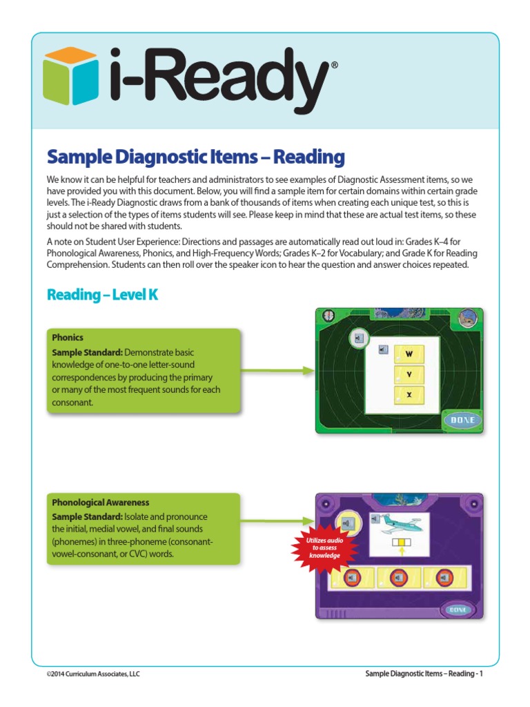 Iready Sample Diagnostic Items Reading PDF Phonics Reading