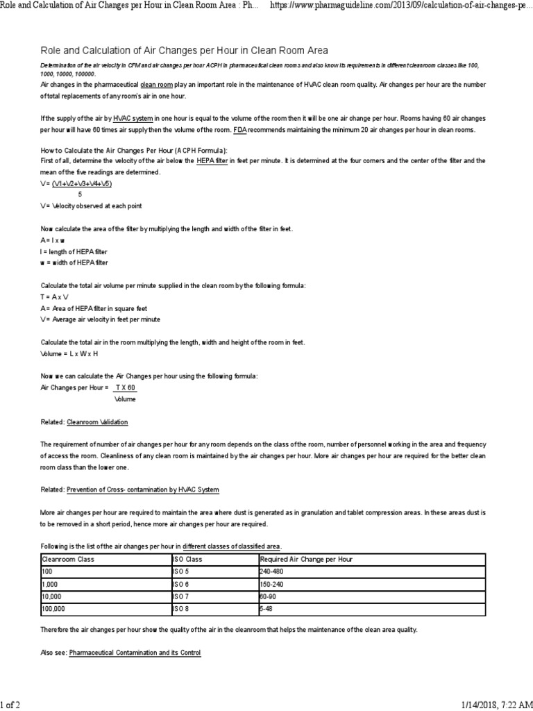 Role and Calculation of Air Changes Per Hour in Clean Room Area