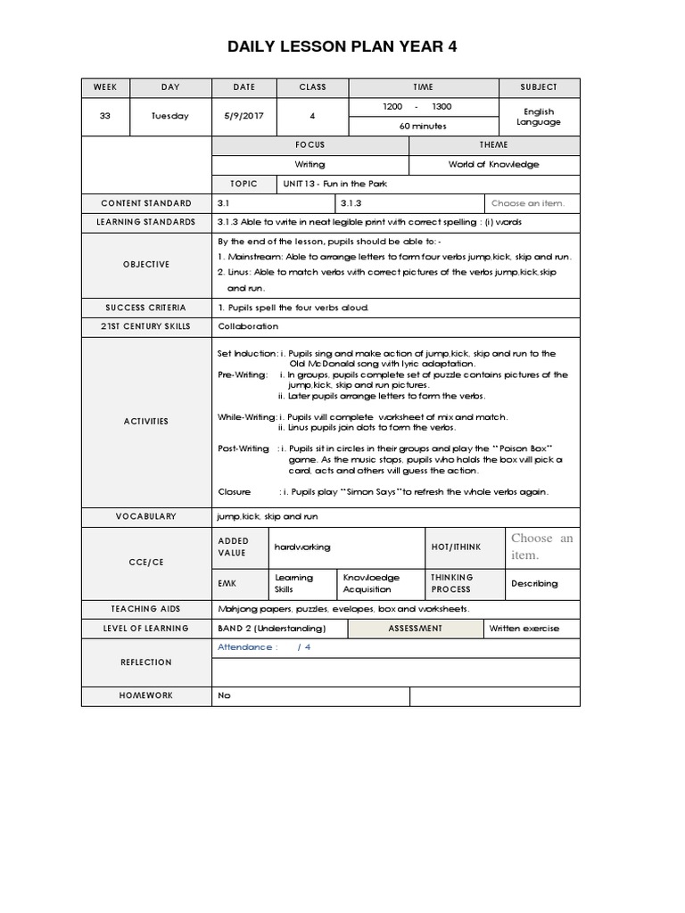 Daily Lesson Plan Year 4: Choose An Item | Download Free PDF | Lesson ...