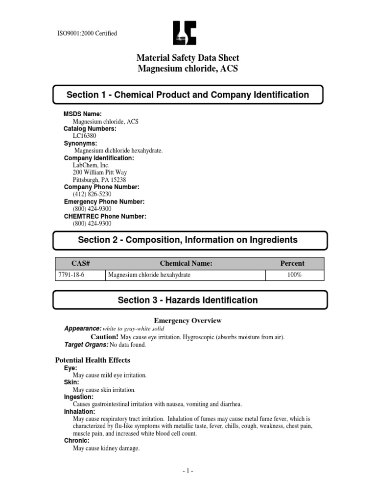 1945 Magnesium Chloride MSDS PDF PDF Chlorine Personal
