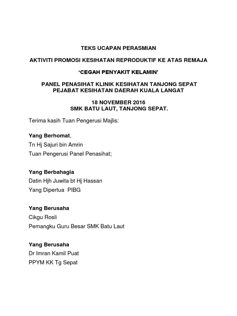 Teks Ucapan Perasmian Promosi Kesihatan Reproduktif