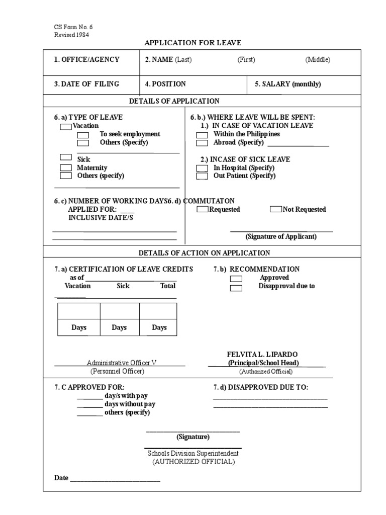 FORM 6 Leave Form PDF Sick Leave Employment