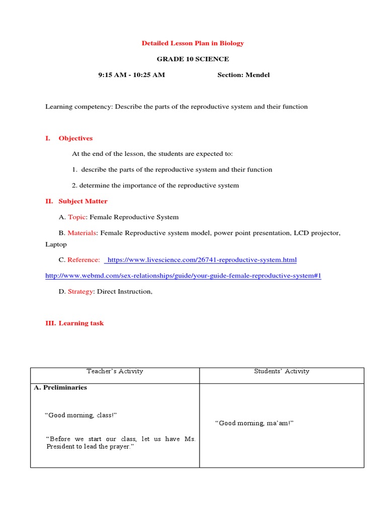 Detailed Lesson Plan In Biology Rhea Uterus Reproductive System