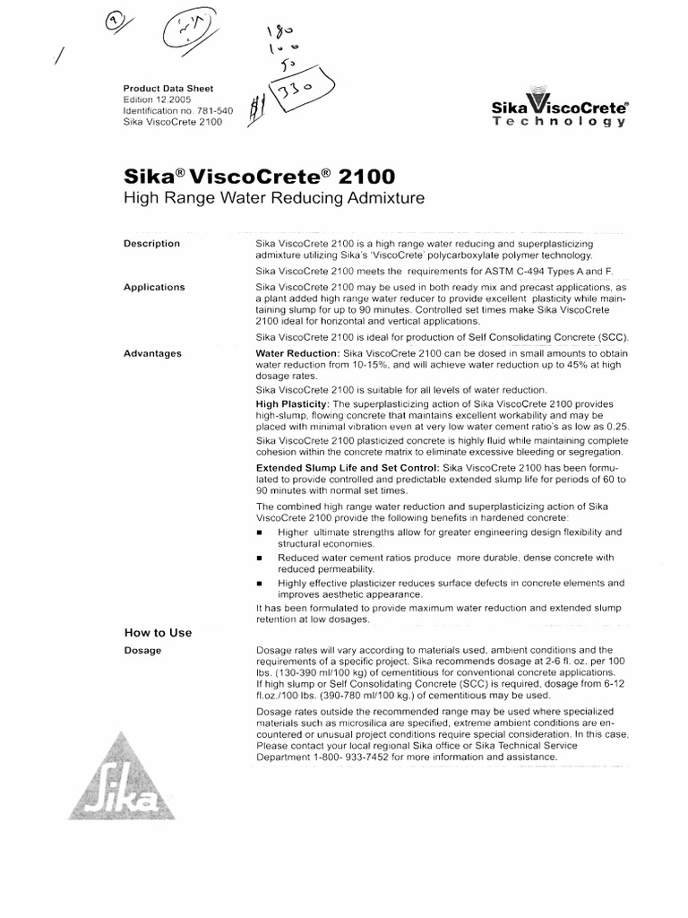 Sika® ViscoCrete® 2100 | PDF | Concrete | Structural Engineering