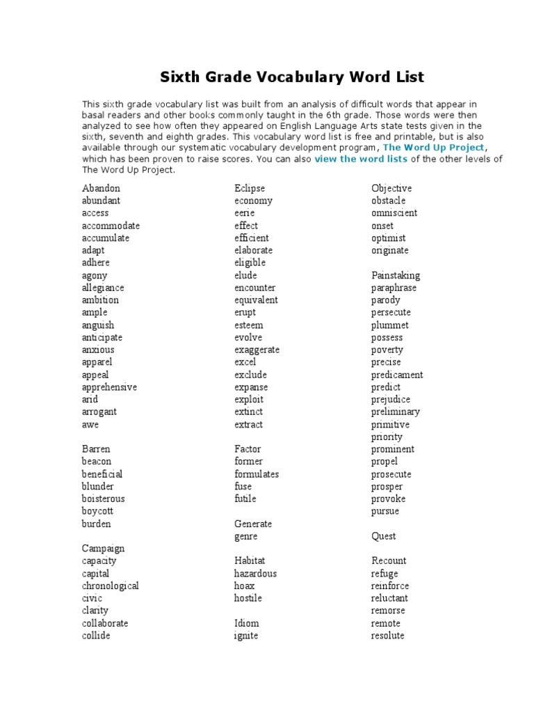 Sixth Grade Vocabulary Word Listdoc Semiotics Linguistics