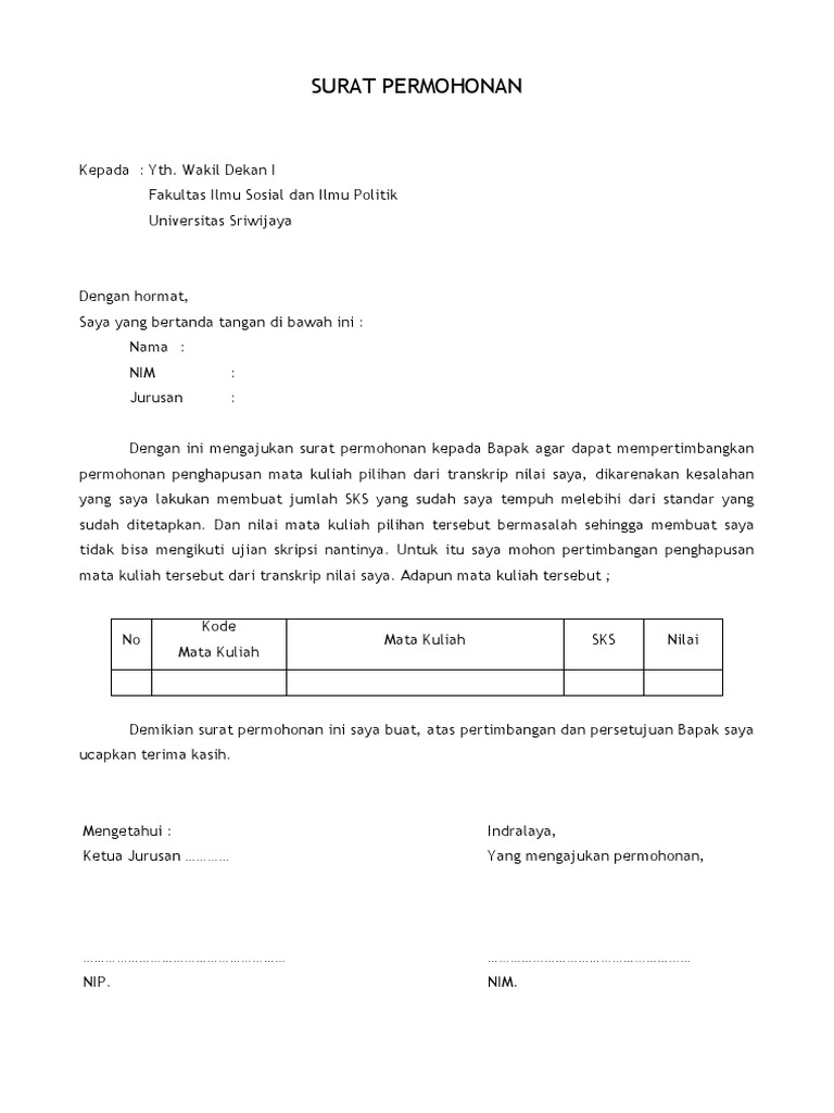 Contoh Surat Permohonan Nilai Kuliah