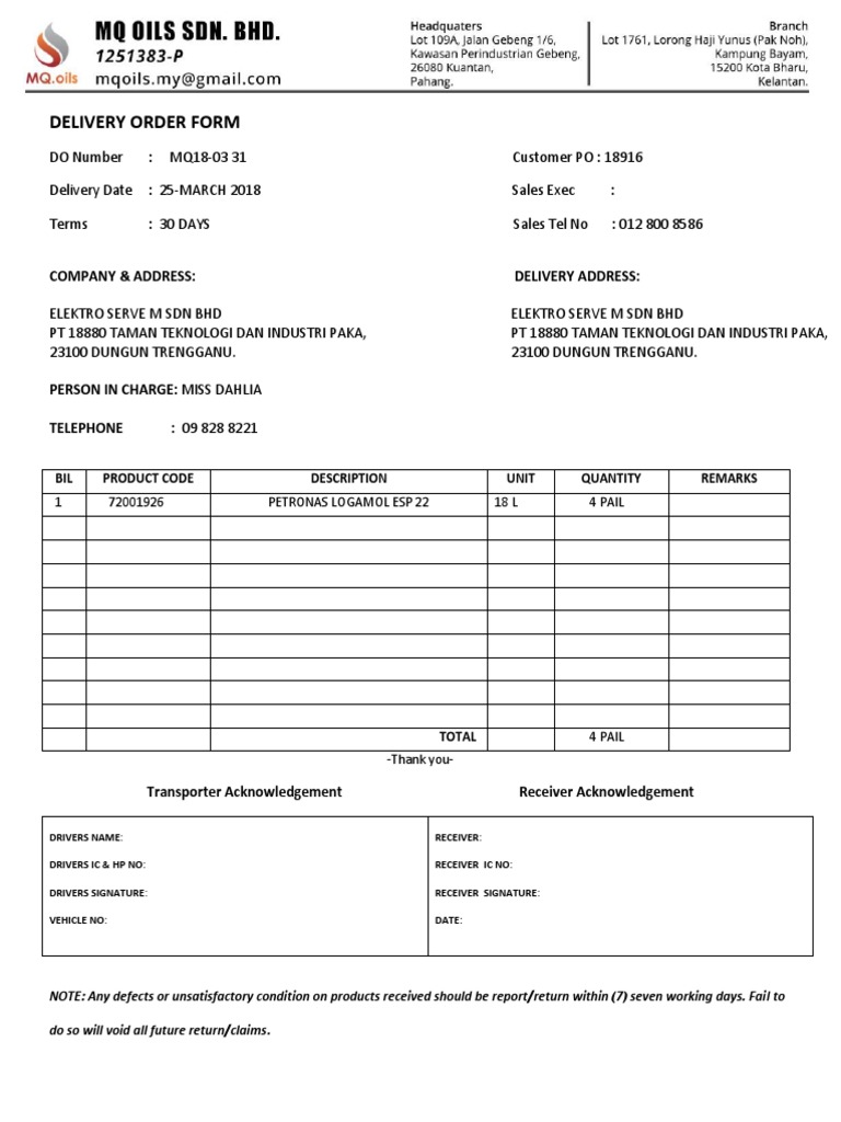Delivery Order Form for Elektro Serve M SDN BHD | PDF