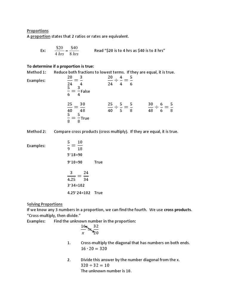 To Determine If A Proportion Is True:: Hrs Hrs | PDF | Fraction ...