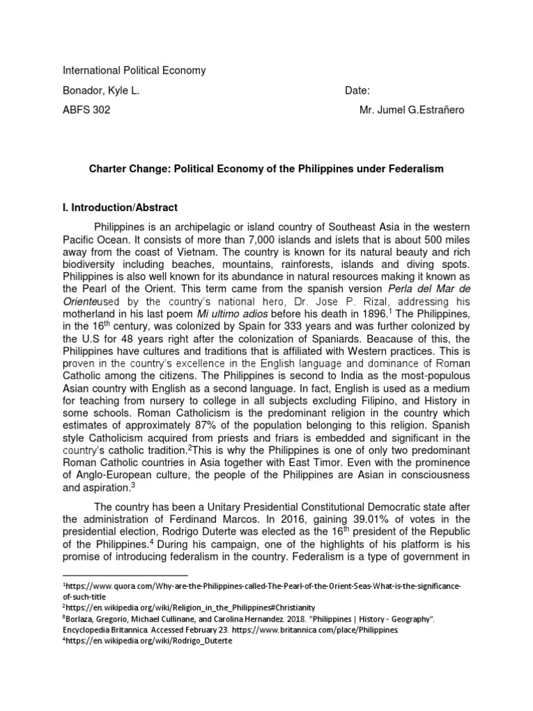 Charter Change Political Economy of the Philippines Under Federalism