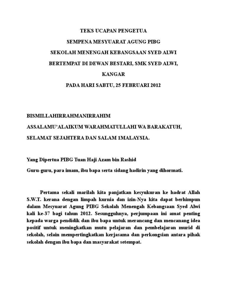 Teks Ucapan Pengetua Pibg 2012