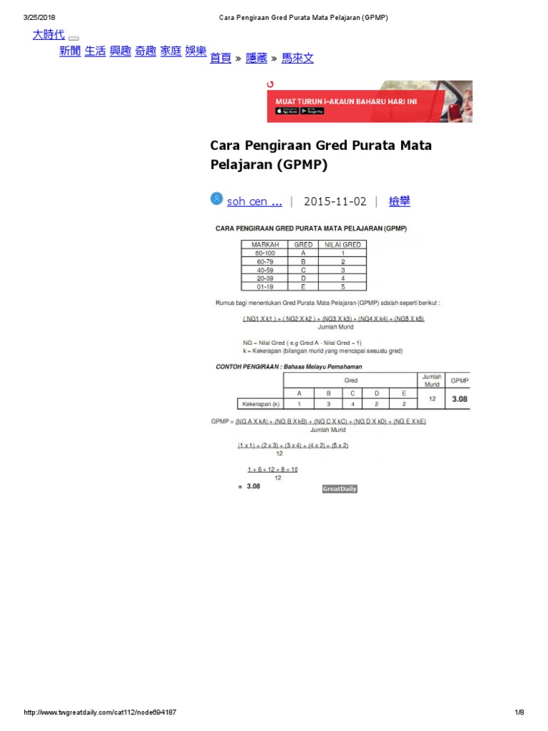 Cara Pengiraan Gred Purata Mata Pelajaran Gpmp Pdf