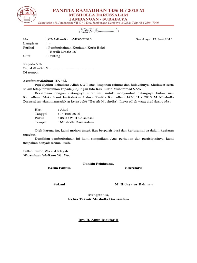 Surat Pemberitahuan Kegiatan Kerja Bakti Bersih Musholla Pdf
