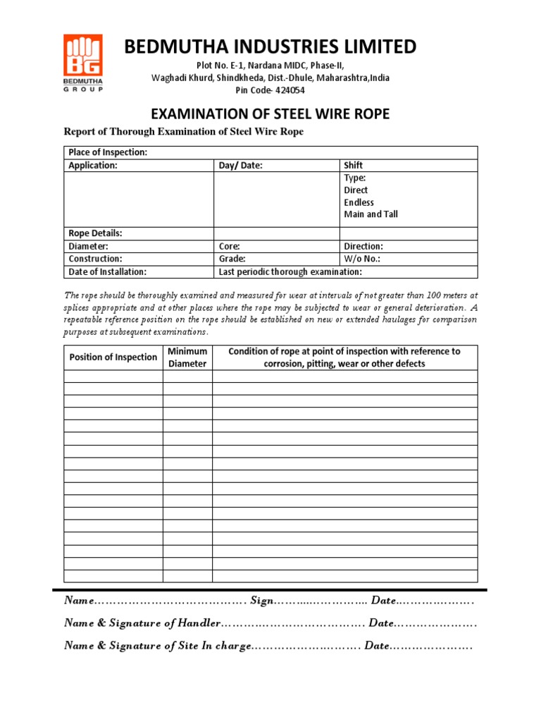 Report of Thorough Examination of Steel Wire Rope PDF Rope
