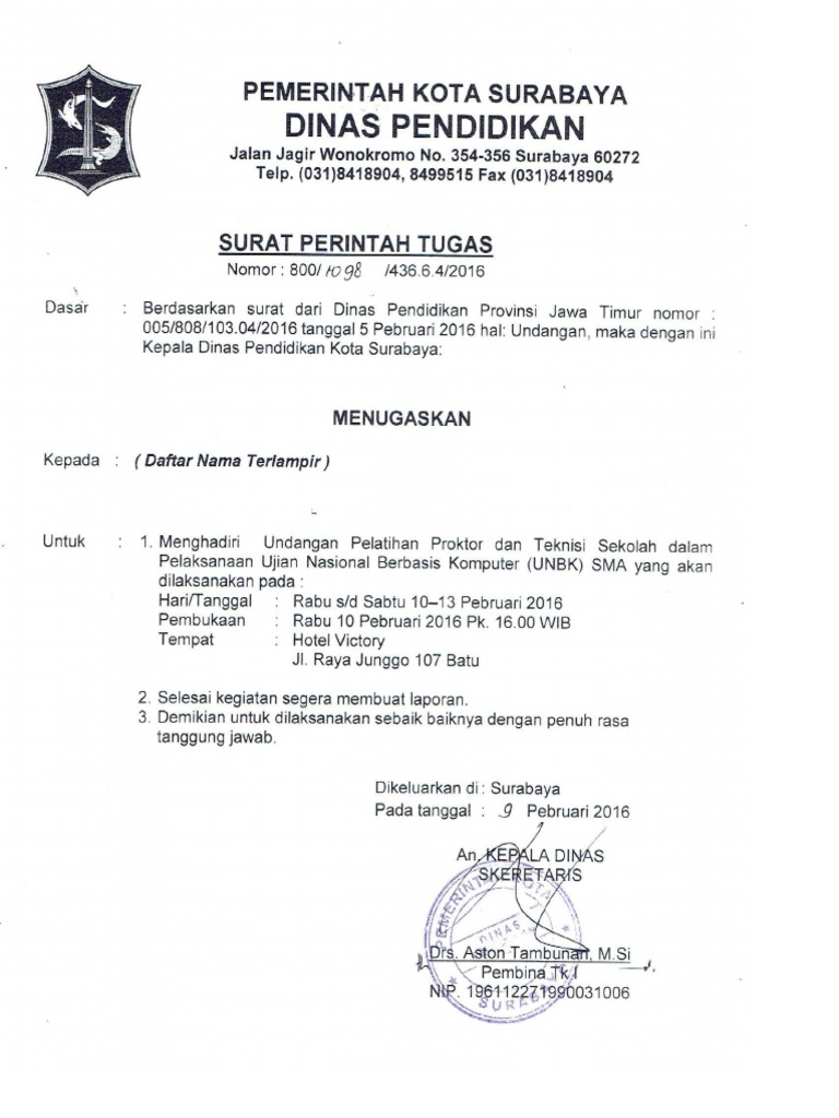 Surat Perintah Tugas Proktor Dan Teknisi Unbk Sma
