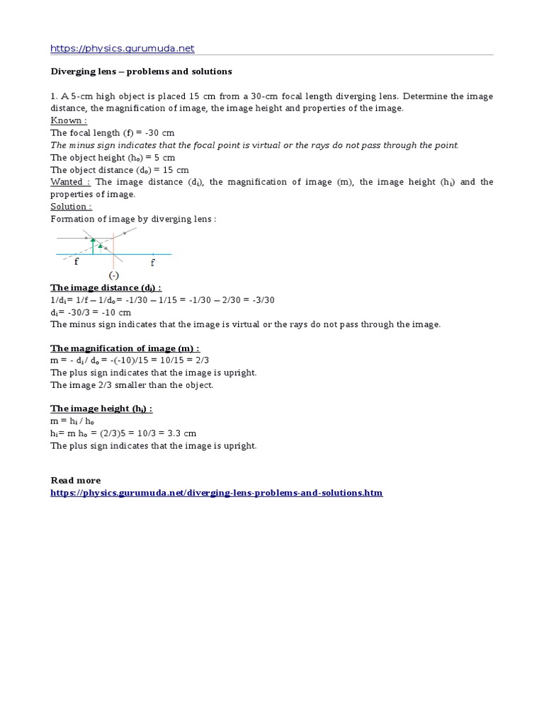 Diverging Lens Problems and Solutions PDF