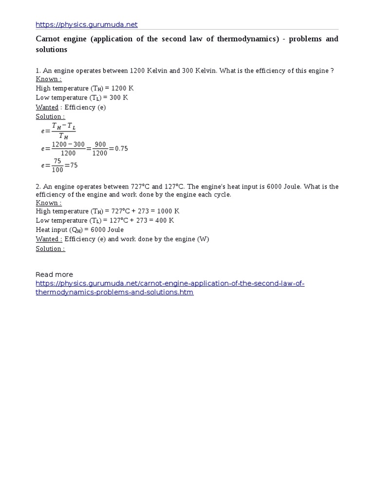 Carnot Engine Efficiency Problems | PDF