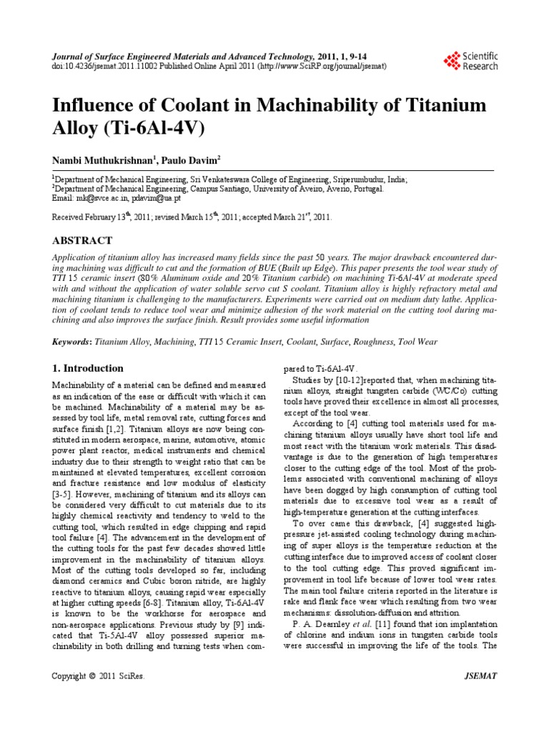 2011Influence of Coolant in Machinability of Titanium Alloy (Ti6Al4V