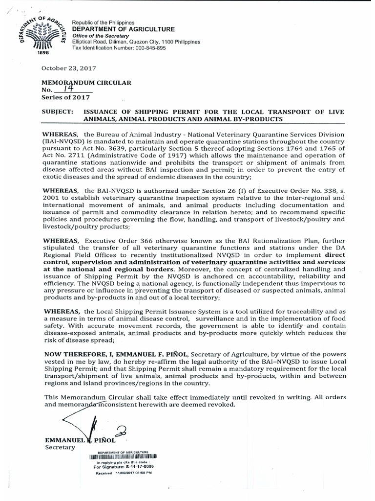 Memorandum Circular No. 14 S. 2017 - Issuance of Shipping Permit For ...