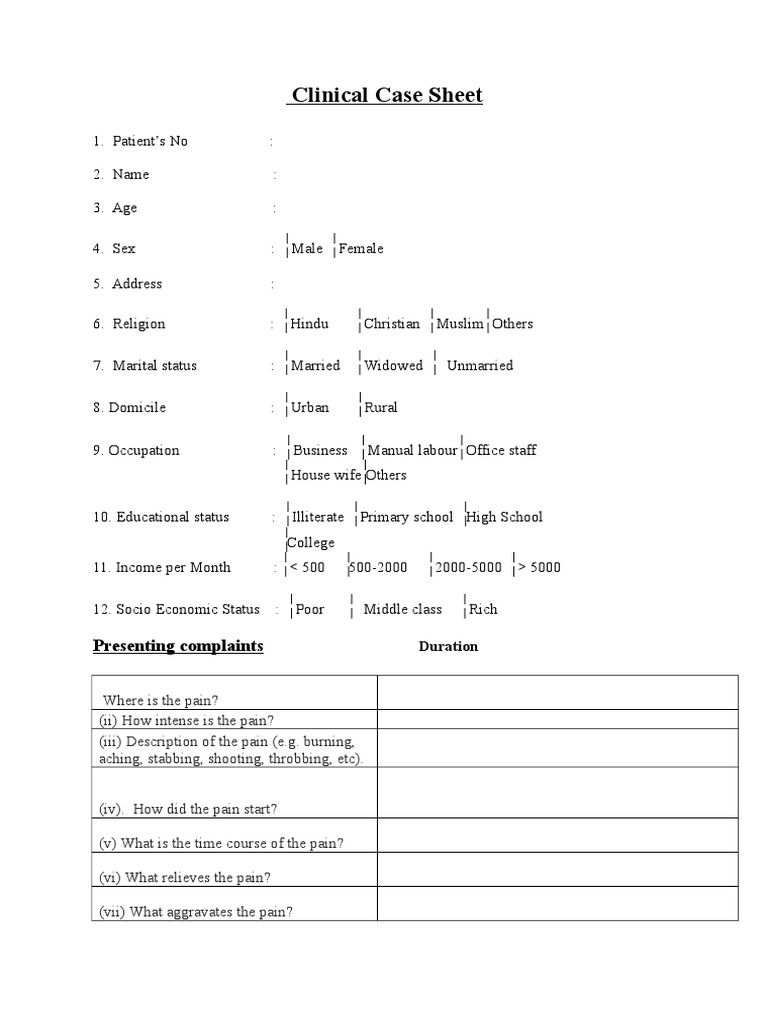Case Sheet PDF Pain Clinical Medicine