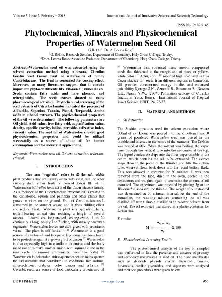 Phytochemical Minerals and Physicochemical Properties of Watermelon