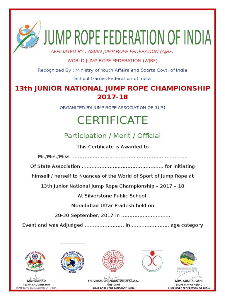 Junior National Jump Rope Championship Certificate | PDF