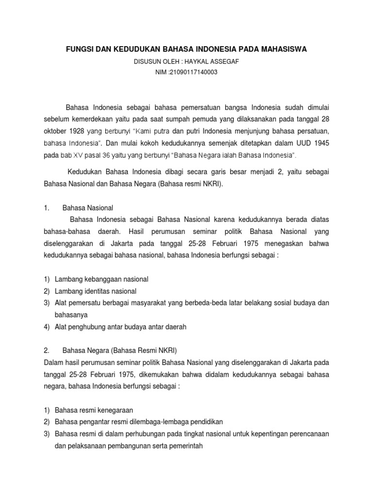 Fungsi Dan Kedudukan Bahasa Indonesia Pada Mahasiswa