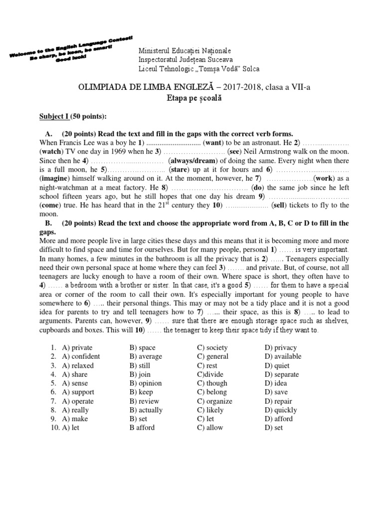 Olimpiada Engleza 7a PDF Tuition Payments Schools