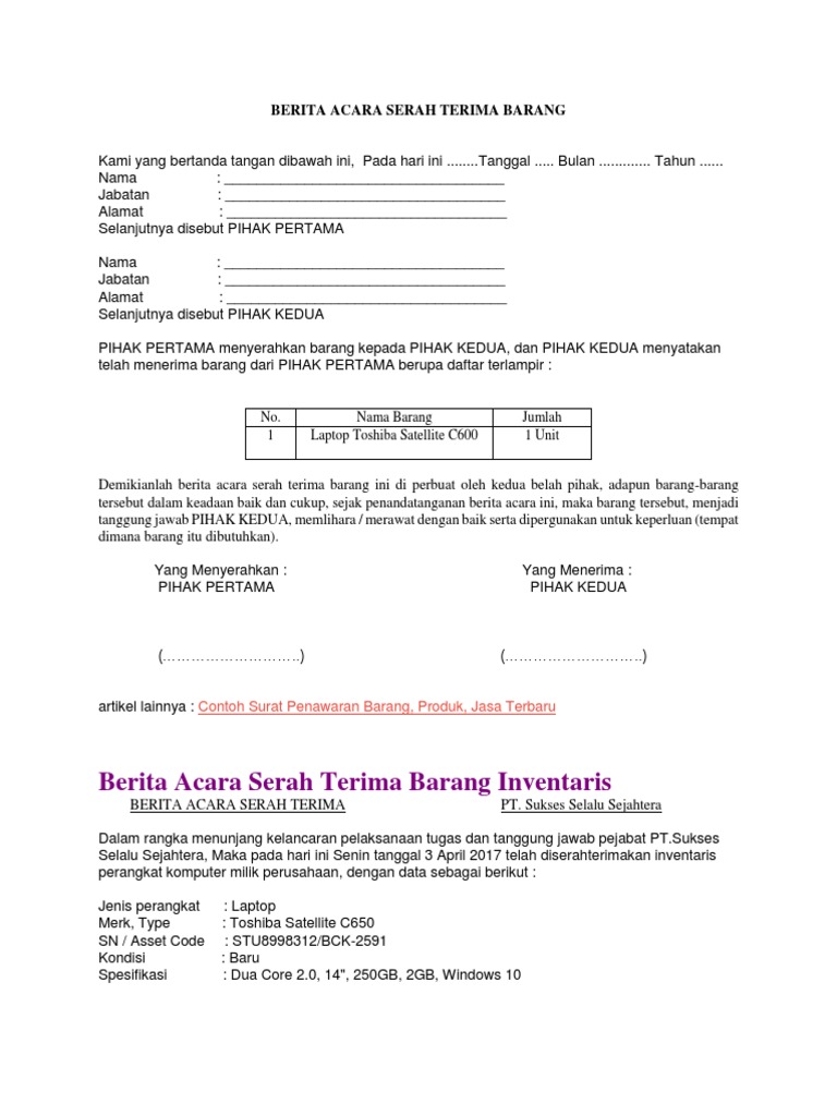 Contoh Surat Berita Acara Serah Terima Barang sfmultiprogram