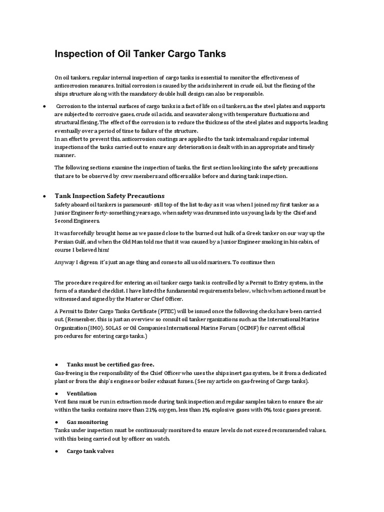 Cargo Tank Inspection Procedures | PDF | Oil Tanker | Ships