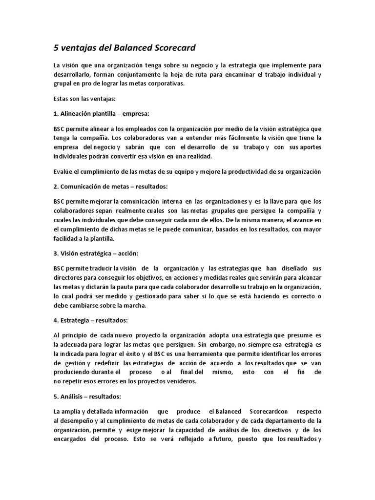 5 Ventajas Del Balanced Scorecard | PDF | Cognición | Business