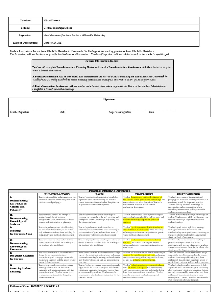 Danielson Framework Observation Rubric | PDF | Educational Assessment ...