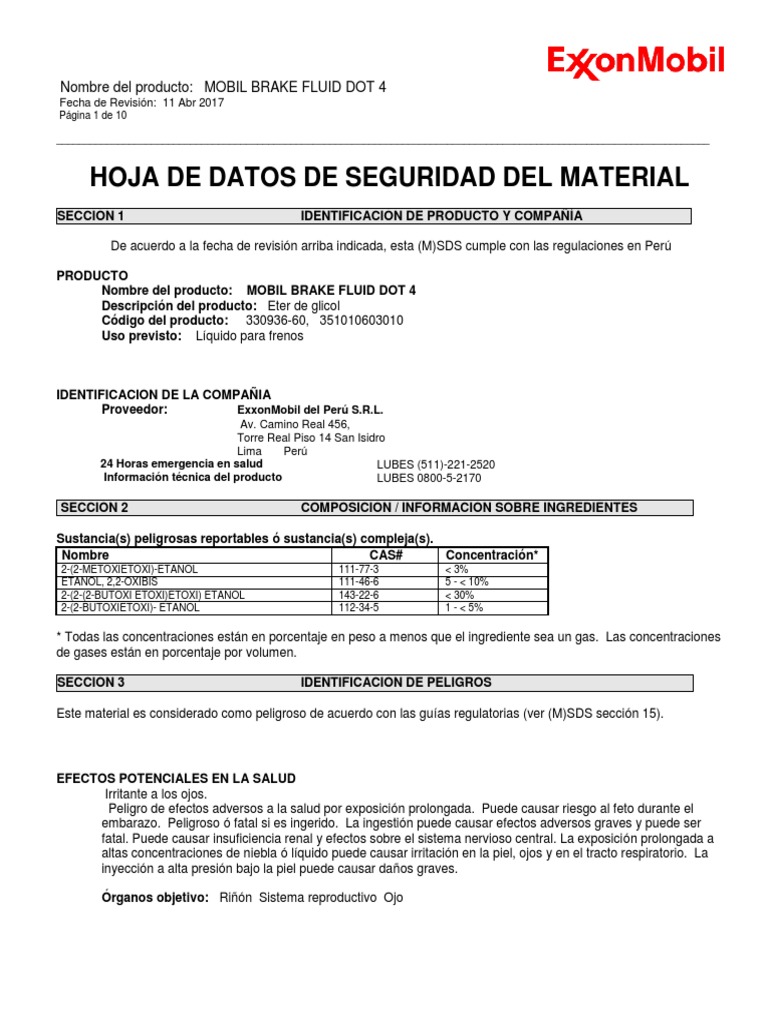 Msds 06 Mobil Brake Fluid Dot 4 PDF Guante Etanol