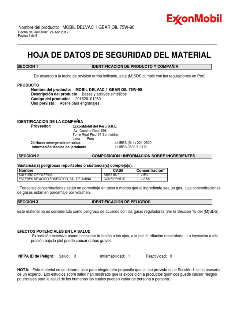 Msds 16 Mobil Delvac Synthetic Gear Oil 75w90 PDF Guante
