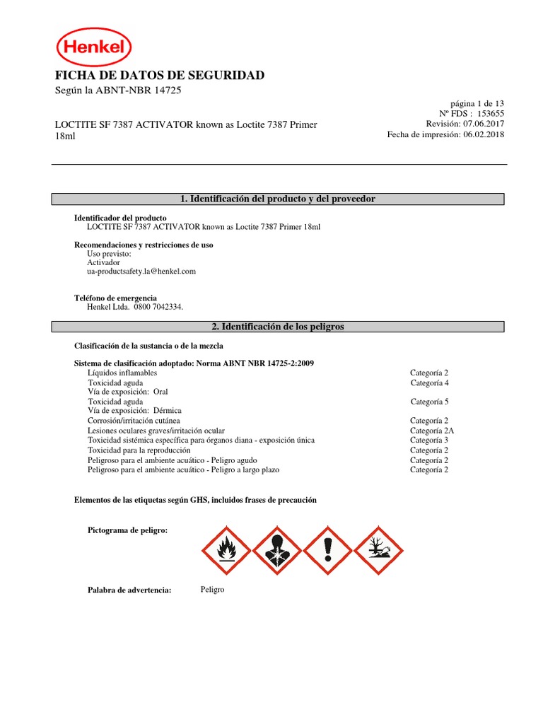 MSDS 20 Loctite 7387 Primer Depend Quemar Agua Prueba gratuita