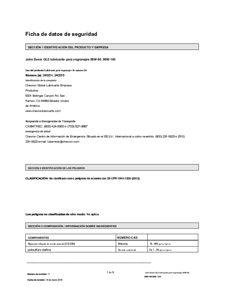 MSDS 67 John Deere GL5 80W 90 PDF PDF Contaminación Soldadura