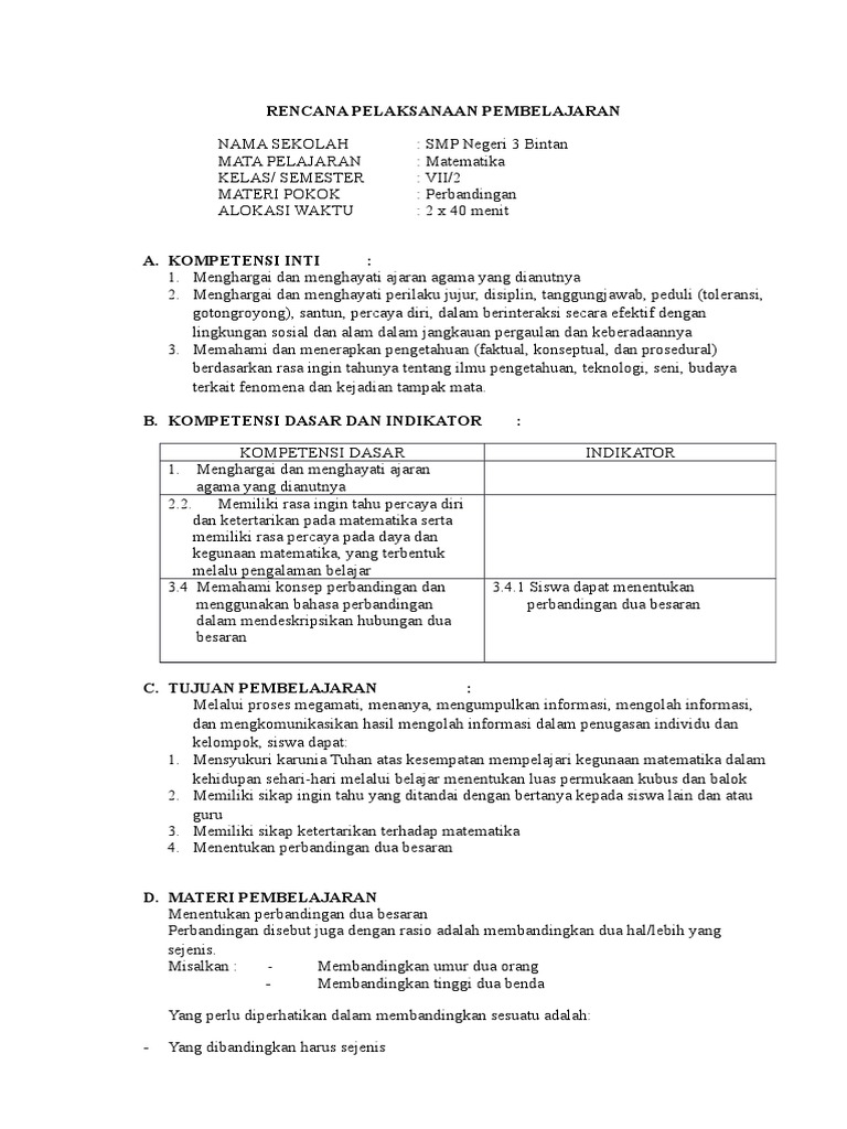 Rpp Matematika Materi Perbandingan