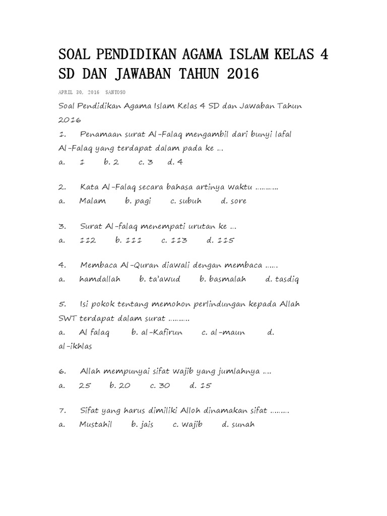 Soal Pendidikan Agama Islam Kelas 4 Sd Dan Jawaban