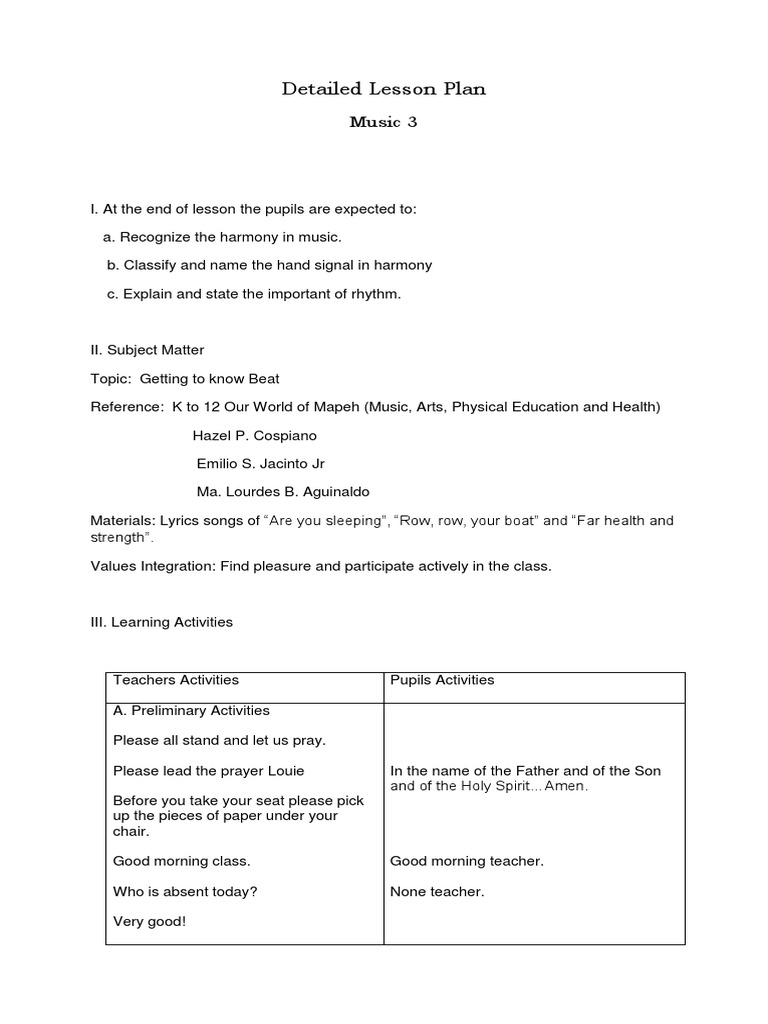 Detailed Lesson Plan. (Music) Lesson Plan Singing