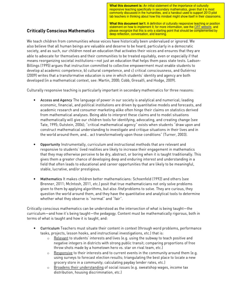 Culturally Responsive Math Education | PDF | Teachers | Teaching ...